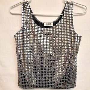 Vintage Sostanza Sequin Mesh Crop Tank Y2K Silver Sparkle Top NYE Disco Clubwear